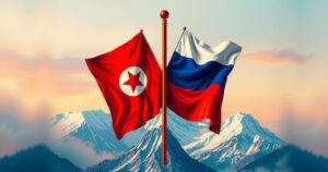 A symbolic representation of unity between North Korea and Russia, featuring two intertwined flags and shared cultural elements.