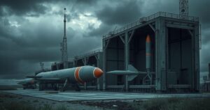 A tense military landscape set against dark clouds, portraying missile components and industrial structures in muted tones.