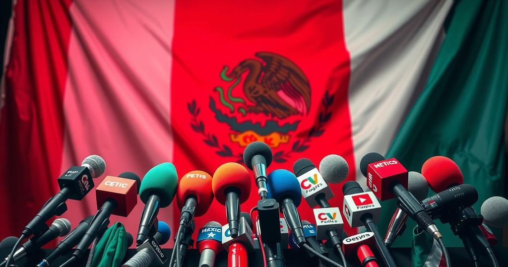 A colorful representation of a bustling press conference, signifying political dialogue and international relations.