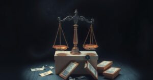 A conceptual scene highlighting democracy's symbols, featuring scales of justice and a broken ballot box in dark tones.