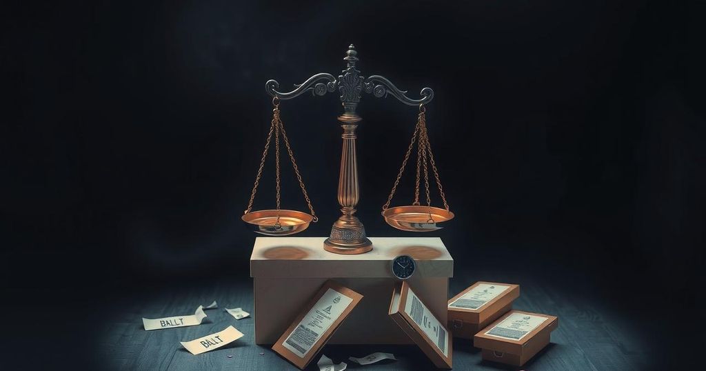 A conceptual scene highlighting democracy's symbols, featuring scales of justice and a broken ballot box in dark tones.