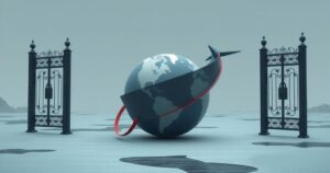 A conceptual illustration of national borders with locked gates and a globe, emphasizing travel restrictions.