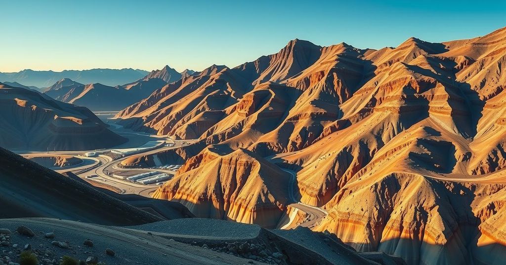 Golden copper mine landscape with mountainous terrain and dramatic sky, showcasing industry and nature in harmony.