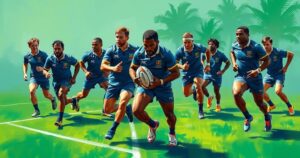 Fiji Water Flying Fijians rugby team in training camp, vibrant colors and team unity depicted.
