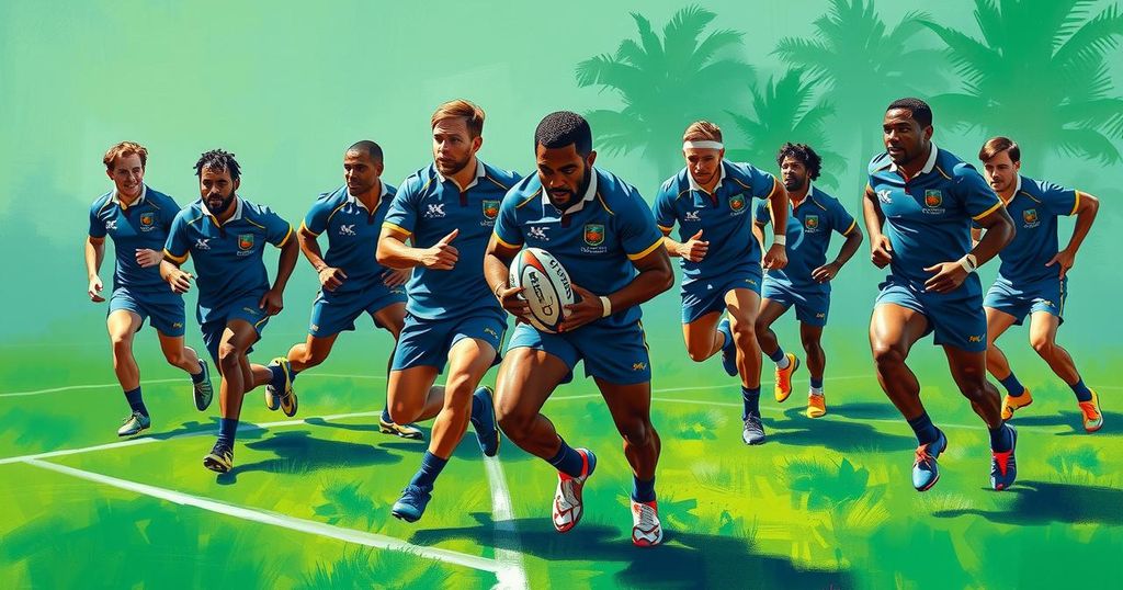 Fiji Water Flying Fijians rugby team in training camp, vibrant colors and team unity depicted.