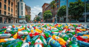 Colorful plastic bottles spill across a vibrant urban square, symbolizing waste pickers' protest for fair wages.