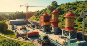 A gold refinery construction site with machinery, surrounded by greenery under a clear sky depicting industrial growth.