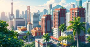 A vibrant cityscape symbolizing economic growth, featuring modern buildings and green spaces, in a bright color scheme.
