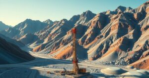 A landscape of rugged mountains and drilling rigs at a mining site, symbolizing mineral exploration in Peru.