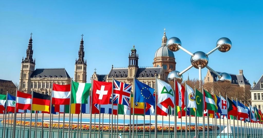 Brussels skyline during an international meeting focused on Afghanistan with flags and iconic architecture.