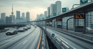 A scene depicting an urban landscape with empty highways and toll signs under a cloudy sky, showcasing infrastructure.