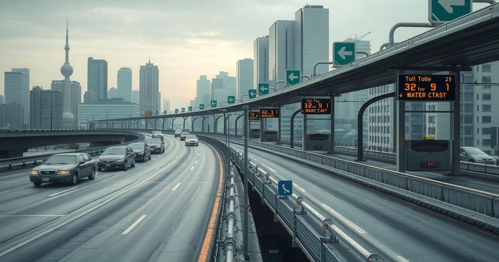A scene depicting an urban landscape with empty highways and toll signs under a cloudy sky, showcasing infrastructure.