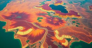 Aerial view of the Kwanza basin in Angola showcasing oil fields and rich natural resources.