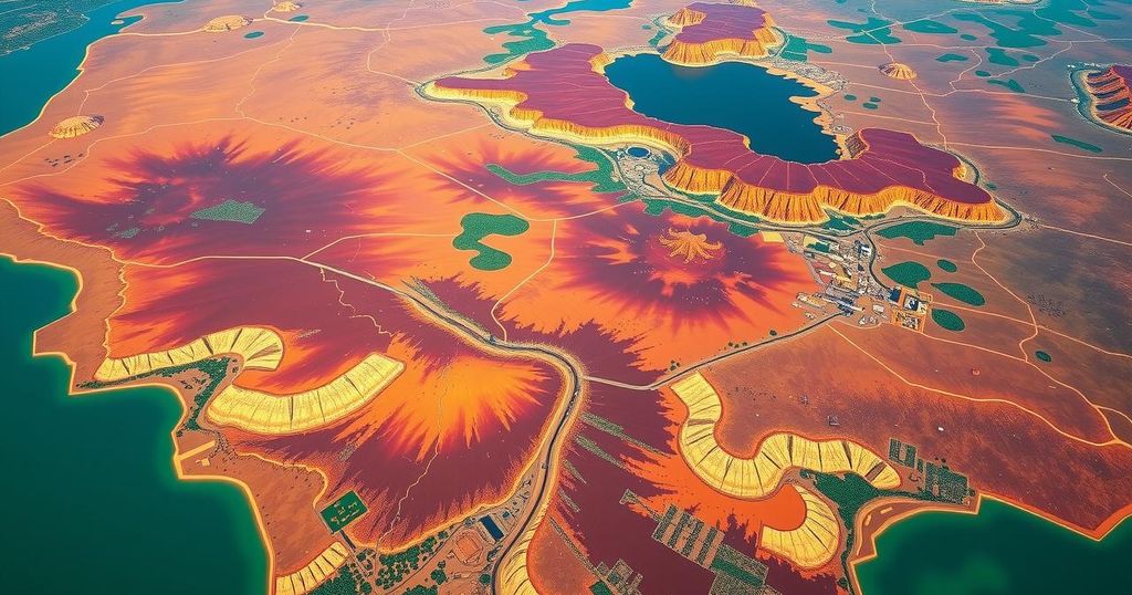 Aerial view of the Kwanza basin in Angola showcasing oil fields and rich natural resources.