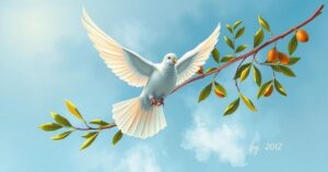 A symbolic olive branch and dove against a backdrop of peace doves, representing a ceasefire between nations.