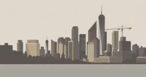 Abstract representation of a city skyline under military influence with muted tones and geometric shapes.