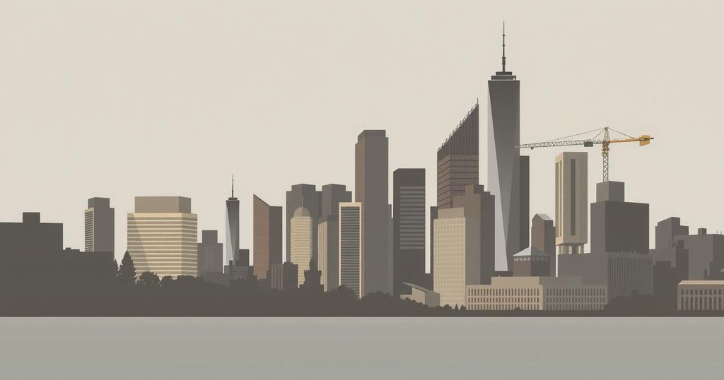Abstract representation of a city skyline under military influence with muted tones and geometric shapes.