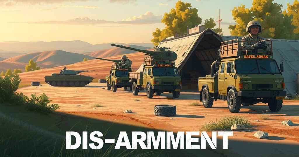 A military encampment, soldiers with vehicles, and a peaceful landscape illustrating disarmament efforts in South Sudan.