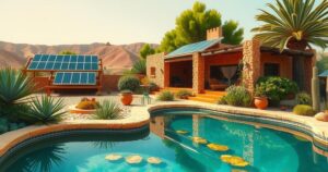 A rustic ecolodge in a Moroccan landscape featuring solar panels, gardens, and a natural pool promoting sustainable tourism.