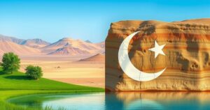 A serene landscape depicting peaceful negotiations with symbolic elements representing India and Pakistan.