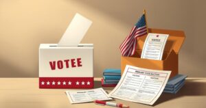 A ballot box surrounded by election materials, with a calm ambiance representing primary voting.