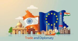 A symbolic representation of India-EU partnership with flags and iconic landmarks blended in a harmonious design.