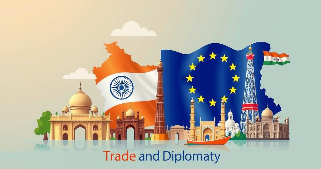 A symbolic representation of India-EU partnership with flags and iconic landmarks blended in a harmonious design.