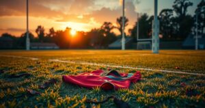 A rugby field with a focus on a missing team jersey, emphasizing teamwork and improvement.
