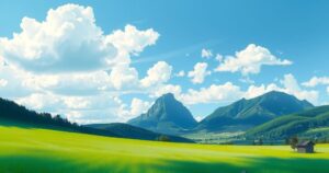 A serene landscape with mountains under a blue sky, featuring greenery and soft clouds, illustrating a peaceful morning.