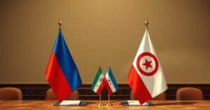 A solemn agreement ceremony with two flags, illustrating peace talks between two nations, under a neutral background.