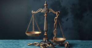 A symbolic representation of justice with scales and broken chains in a dark, somber palette highlighting oppression.