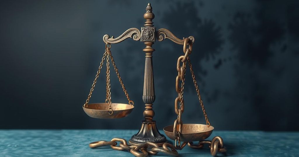 A symbolic representation of justice with scales and broken chains in a dark, somber palette highlighting oppression.