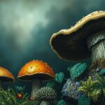 A dark, foreboding landscape featuring looming fungi among vibrant greenery, showcasing a nature-inspired art style.