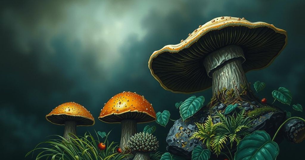 A dark, foreboding landscape featuring looming fungi among vibrant greenery, showcasing a nature-inspired art style.