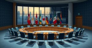United Nations Security Council session with flags and representatives discussing international conflict and resolutions.
