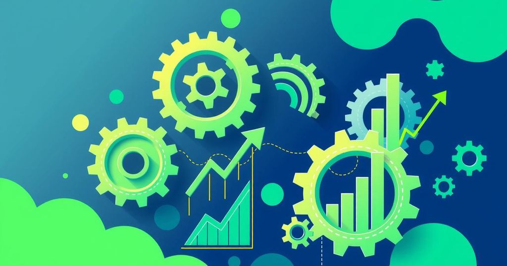 A dynamic visual of Chile's economy, featuring abstract graphs and gears in vibrant colors representing growth and reform.