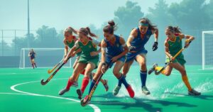 Field hockey scene showing intense game action with players and a vibrant energy, showcasing athleticism and teamwork.
