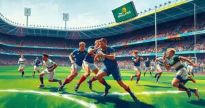 Rugby match between two strong teams, showcasing dynamic plays and strategic teamwork in action. Stadium packed with energy.