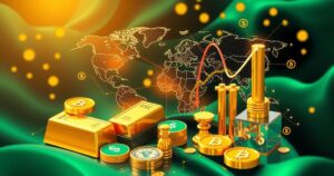 A stylized representation of global finance with commodities, currencies, and gold depicted in metallic gold and green hues
