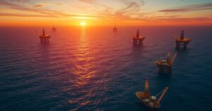 Aerial view of a vast ocean with oil rigs at sunset, highlighting offshore oil exploration and revenue potential.