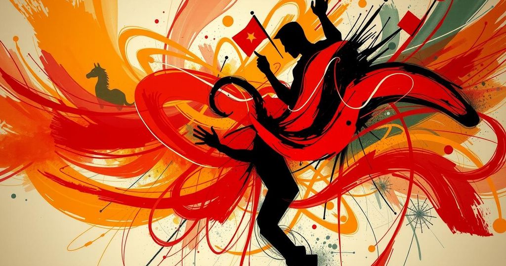 A vibrant abstract illustration of conflict and tension representing Sudan's political struggle, using warm colors.