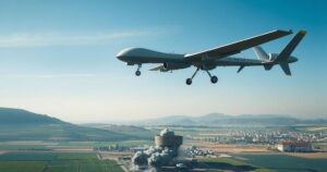 A military drone flying over a rural Lebanon landscape with smoke rising from the ground in the background.