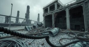 A barren landscape showing remnants of a destroyed facility, focused on metallic debris and crumbling structures under a gray sky.