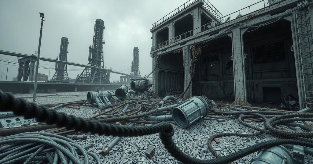 A barren landscape showing remnants of a destroyed facility, focused on metallic debris and crumbling structures under a gray sky.