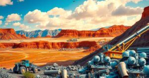 Colorful and dynamic copper mine landscape with machinery and mountains in the background, reflecting economic progress.