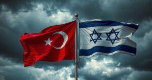A tense landscape depicting flags of Turkey and Israel amidst stormy skies, symbolizing diplomatic rivalry.
