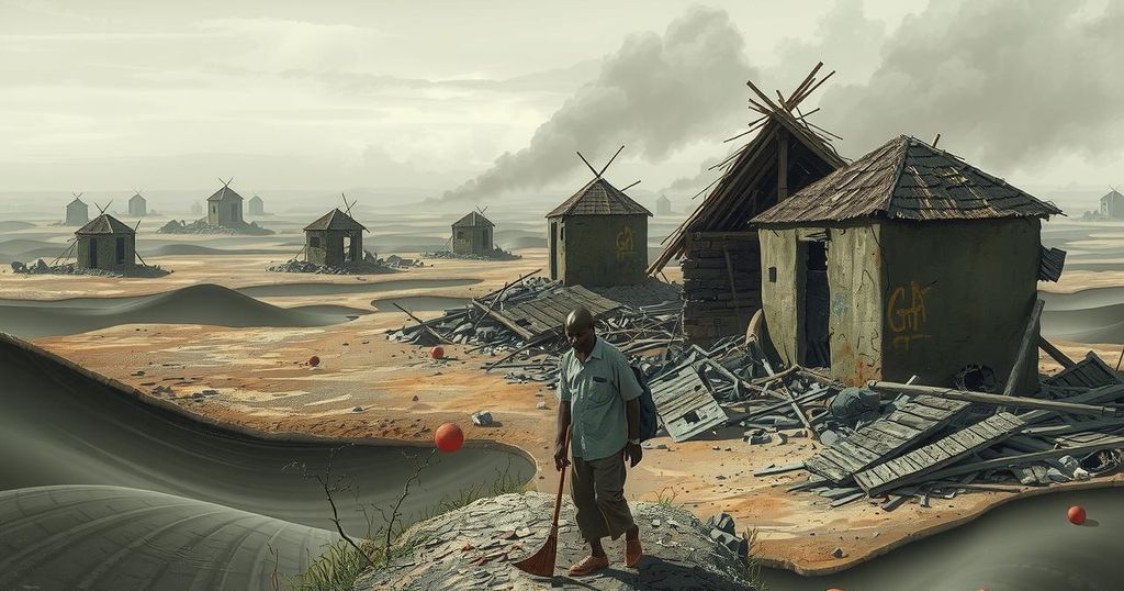 A disturbing scene depicting conflict in South Sudan, highlighting destruction and chaos in a landscape of despair.