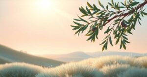 Abstract representation of democracy, featuring light rays, olive branches, and a serene atmosphere signifying peace.
