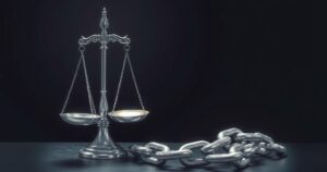 A powerful visual representation of justice and human rights advocacy, with scales and a broken chain.
