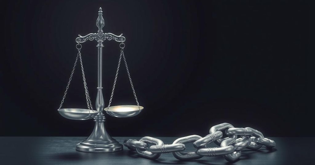 A powerful visual representation of justice and human rights advocacy, with scales and a broken chain.